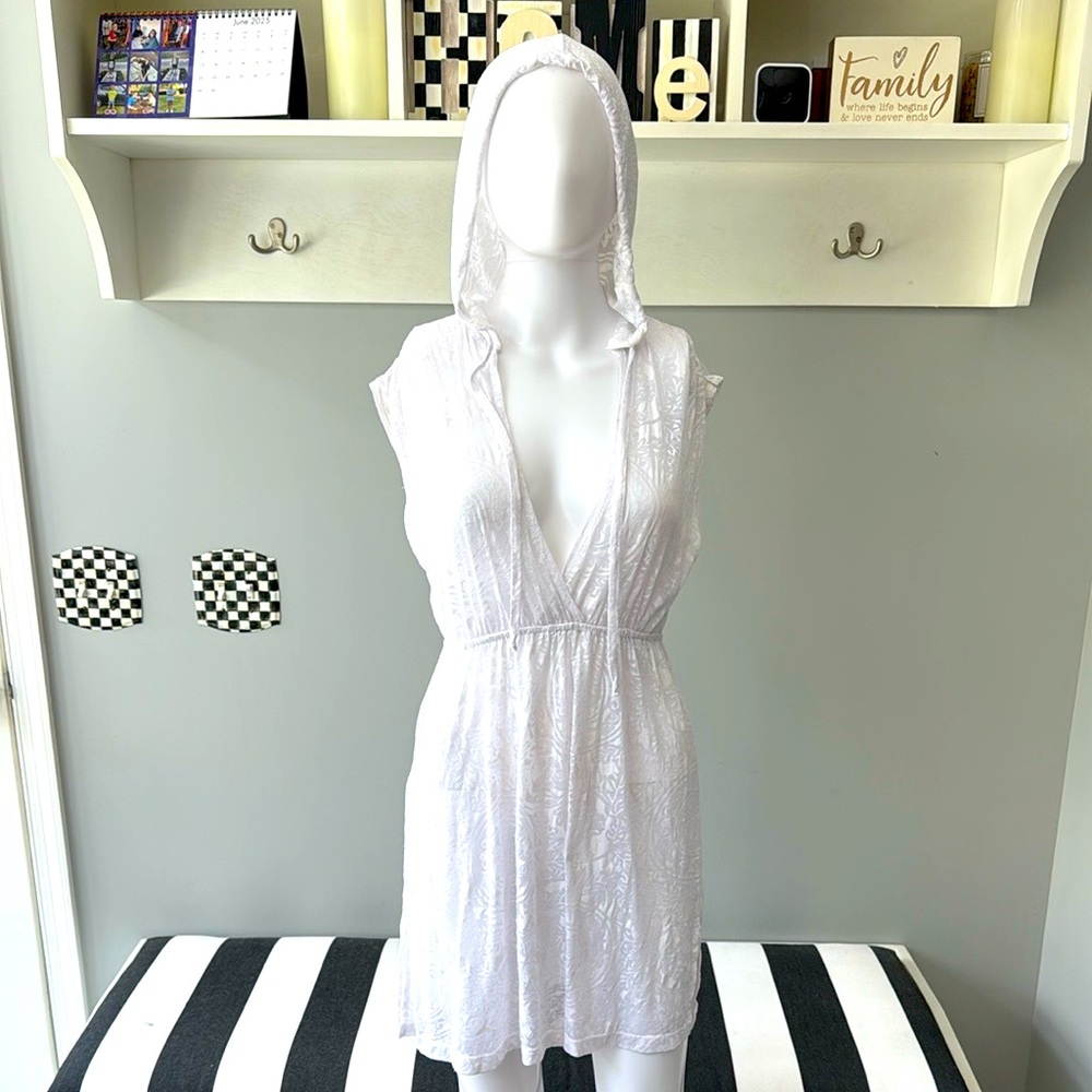 Balance Collection Semi Sheer White Burnt-Out Hooded Low-V Swimsuit Coverup-Med